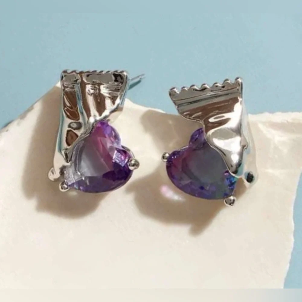 “Candy in a Torn Wrapper” Purple Ombre Quartz Heart Sweets Foil Wrapped Studs